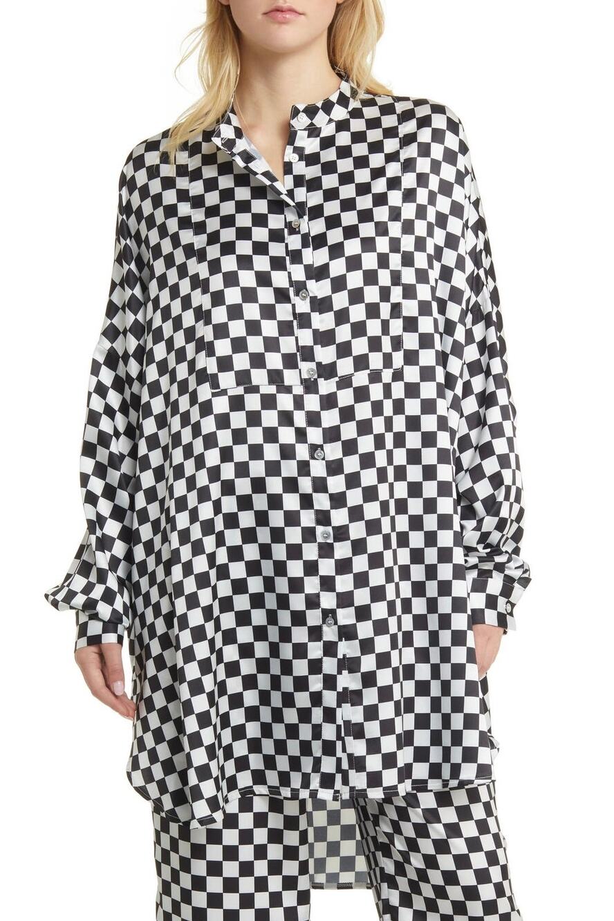 DRESSED IN LALA Checkerboard Button-Up Satin Shirt (top only)